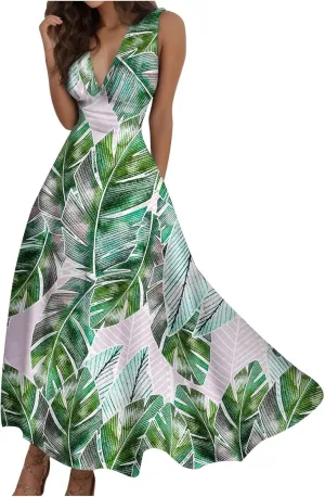 Sun Dresses for Women, Graphic Print Flowy Beach Dress, Spring Summer Casual Elegant Wrap V Neck Sleeveless Maxi Dresses
