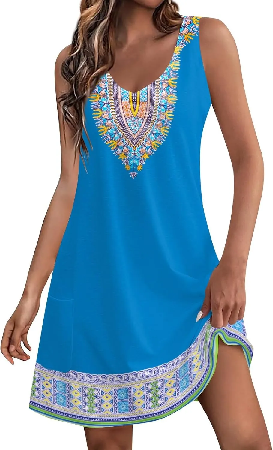 Sundresses for Women 2024 Trendy Summer with Pockets Boho Beach Dress Floral T-Shirts Dress V Neck Loose Tank Dresses