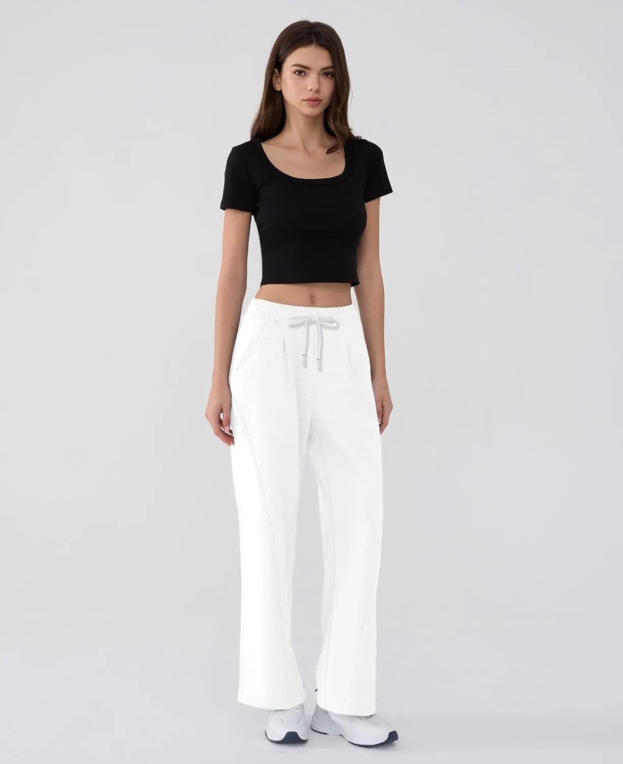 Susclude Baggy Sweatpants for Women Y2k Wide Leg Pants Summer High Waisted Drawstring Pleated Lightweight Pants with Pockets