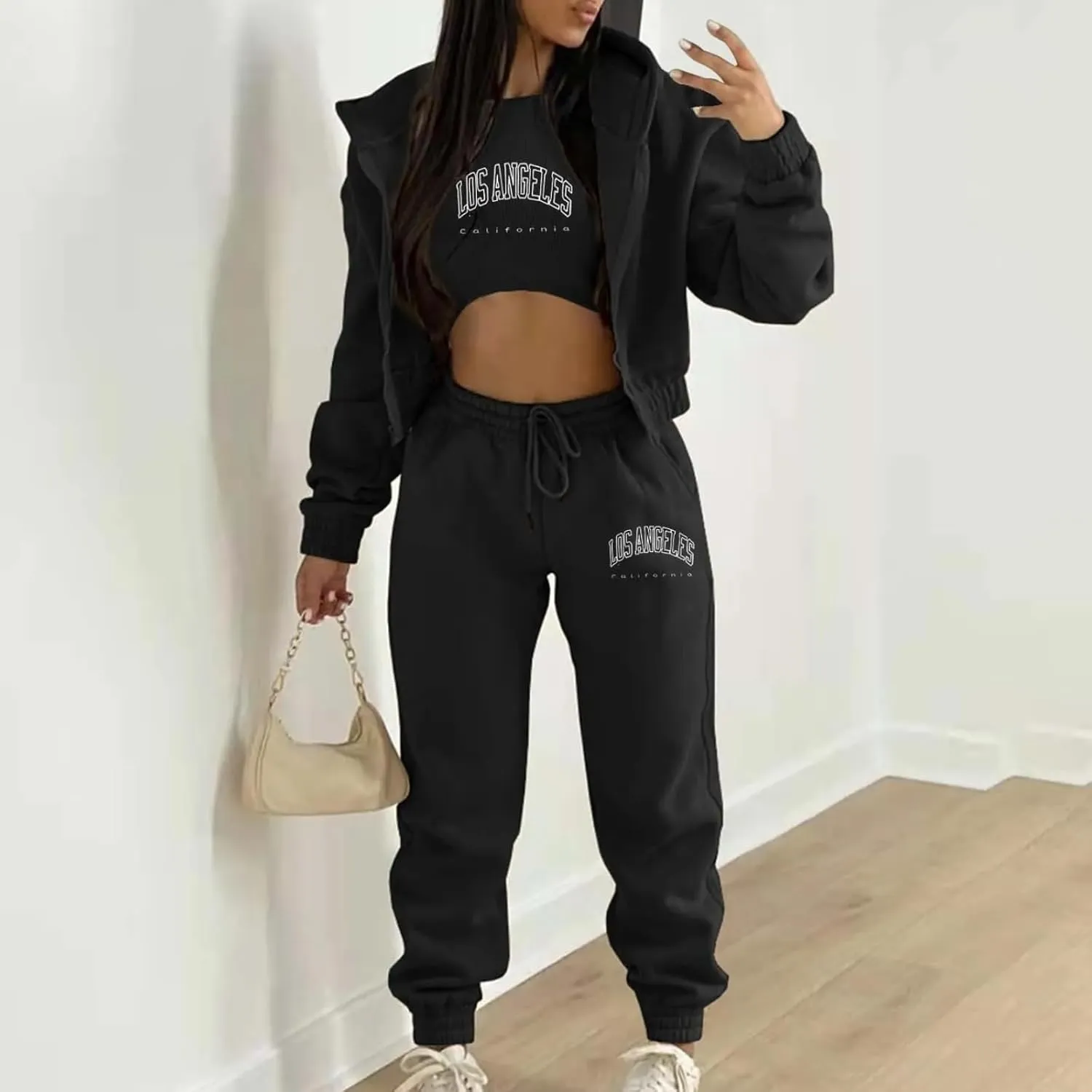 Sweatpants and Sweatshirt Set for Women, Casual Outfit Athletic Suit Set Hooded Tracksuit 3 Piece Jogger Sweatsuit