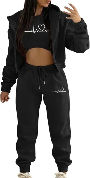 Sweatpants and Sweatshirt Set for Women, Casual Outfit Athletic Suit Set Hooded Tracksuit 3 Piece Jogger Sweatsuit