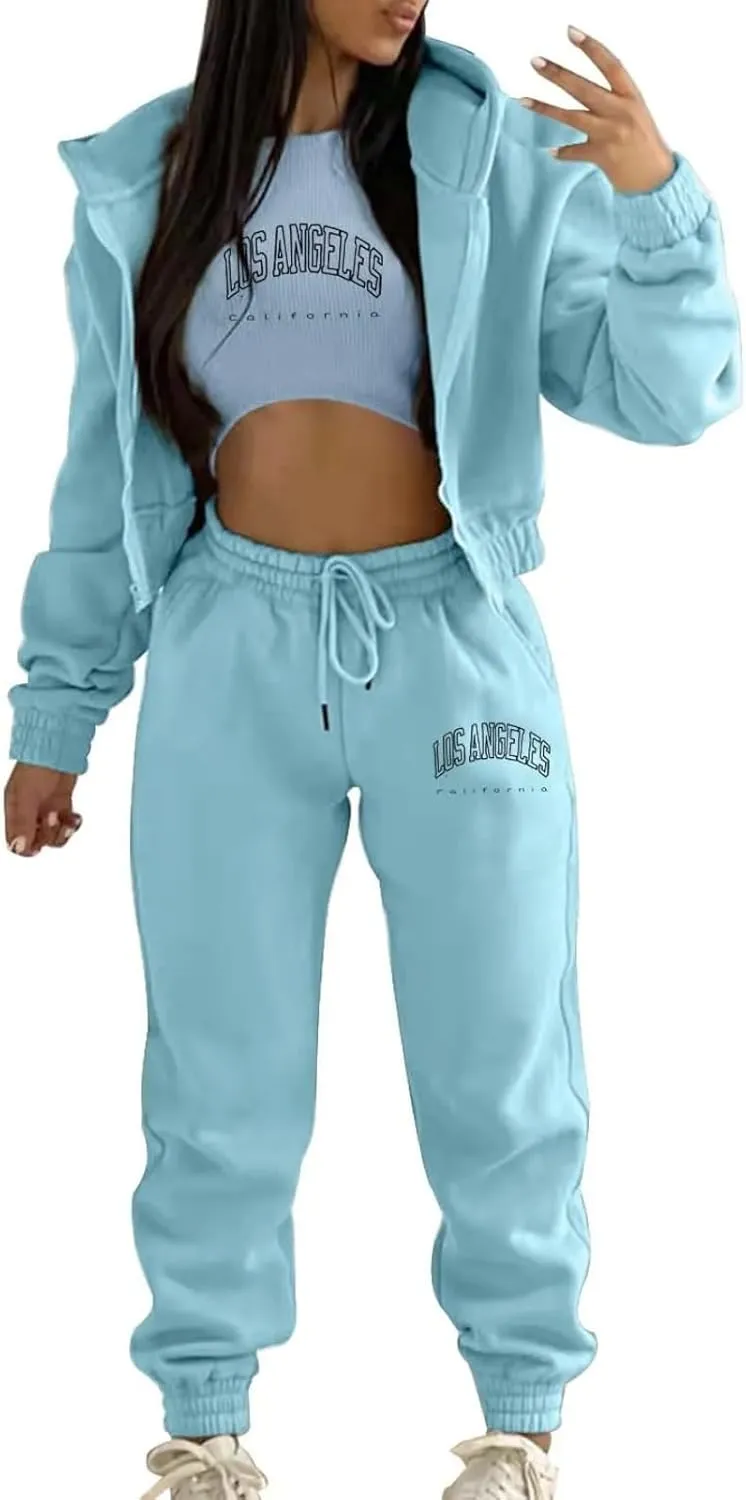 Sweatpants and Sweatshirt Set for Women, Casual Outfit Athletic Suit Set Hooded Tracksuit 3 Piece Jogger Sweatsuit