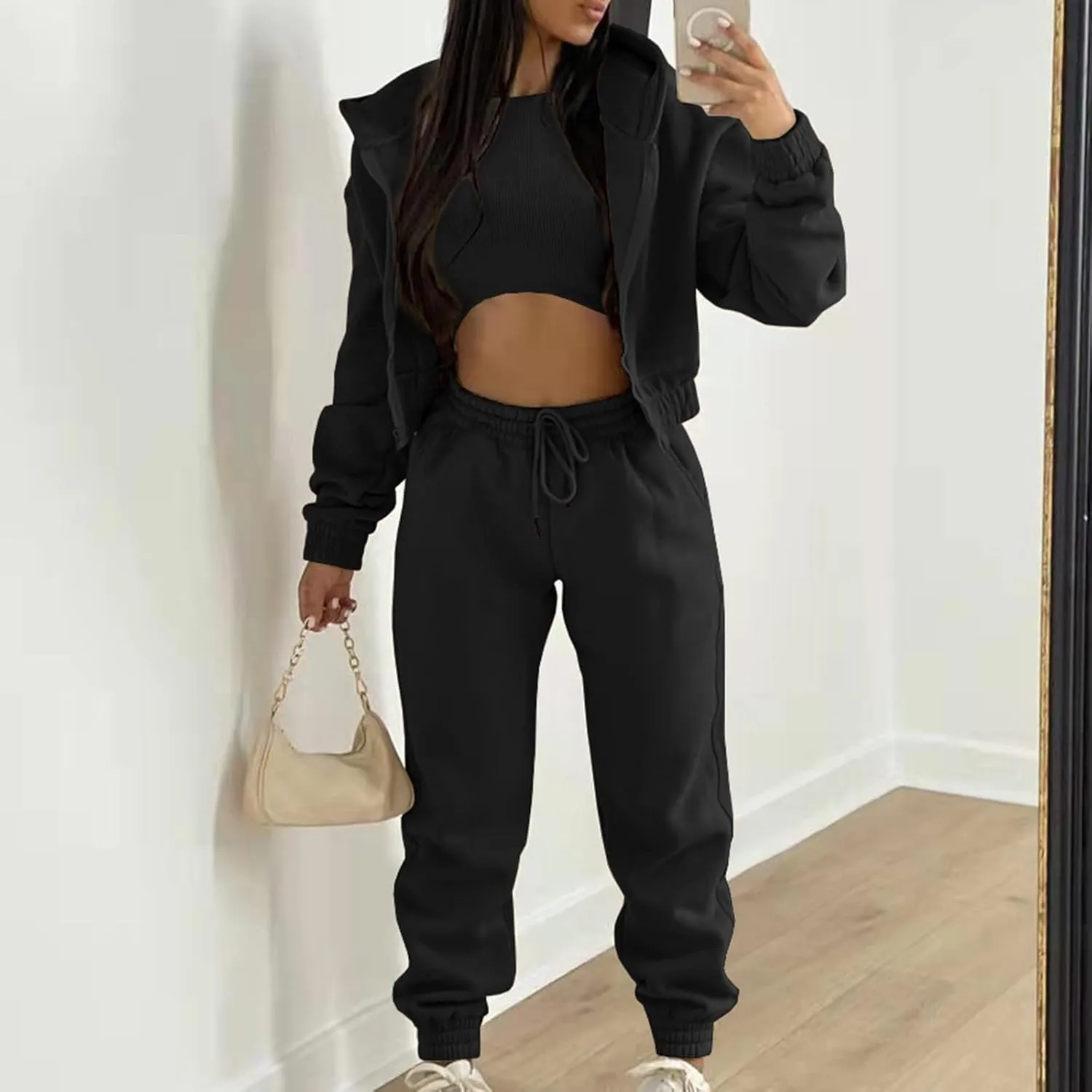 Sweatpants and Sweatshirt Set for Women, Casual Outfit Athletic Suit Set Hooded Tracksuit 3 Piece Jogger Sweatsuit