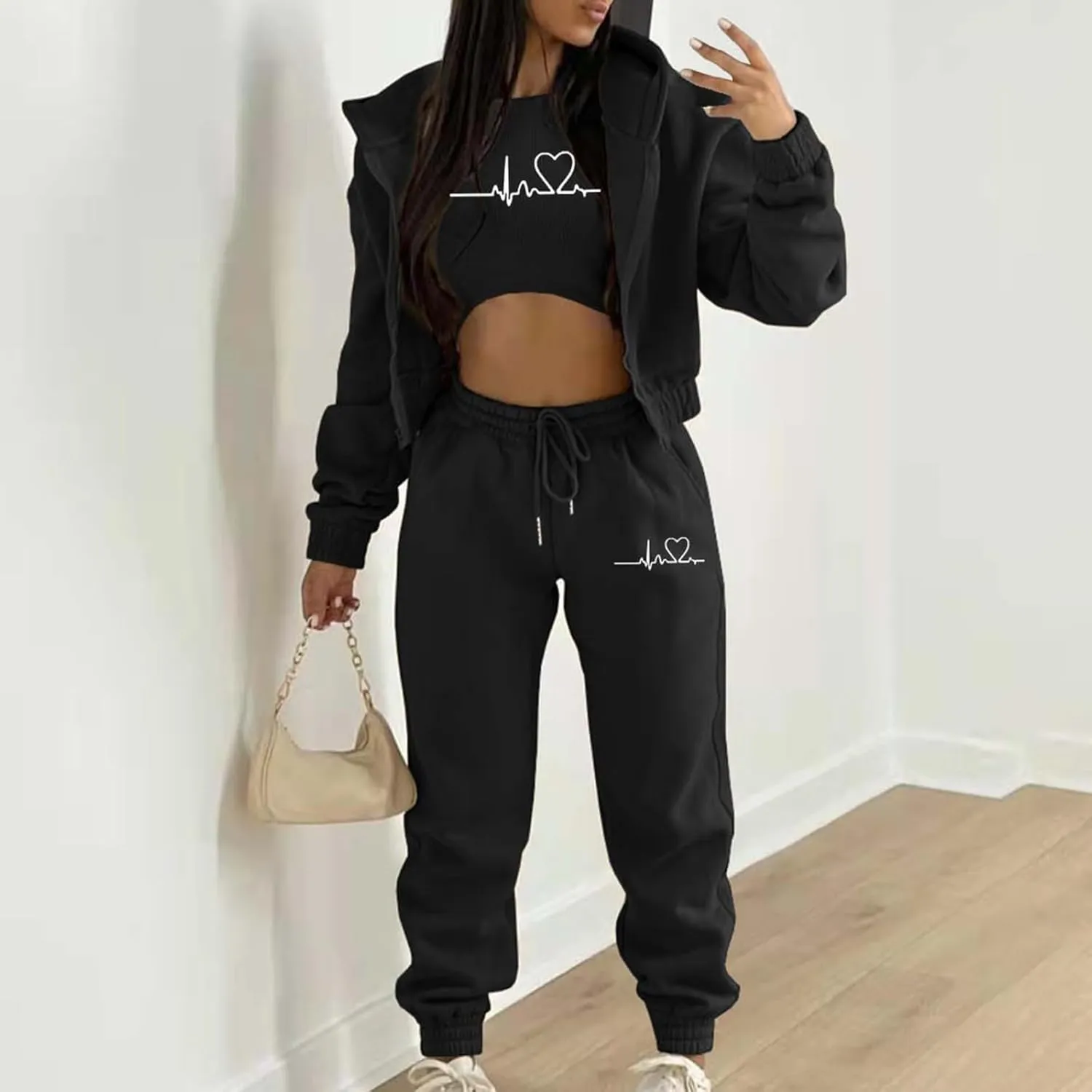 Sweatpants and Sweatshirt Set for Women, Casual Outfit Athletic Suit Set Hooded Tracksuit 3 Piece Jogger Sweatsuit