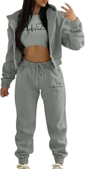 Sweatpants and Sweatshirt Set for Women, Casual Outfit Athletic Suit Set Hooded Tracksuit 3 Piece Jogger Sweatsuit