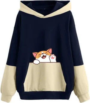 Sweatshirts for Women Trendy,Teen Girl Cute Cat Print Sweatshirt Long Sleeve Hoodies Color Block Hooded Fall Clothes