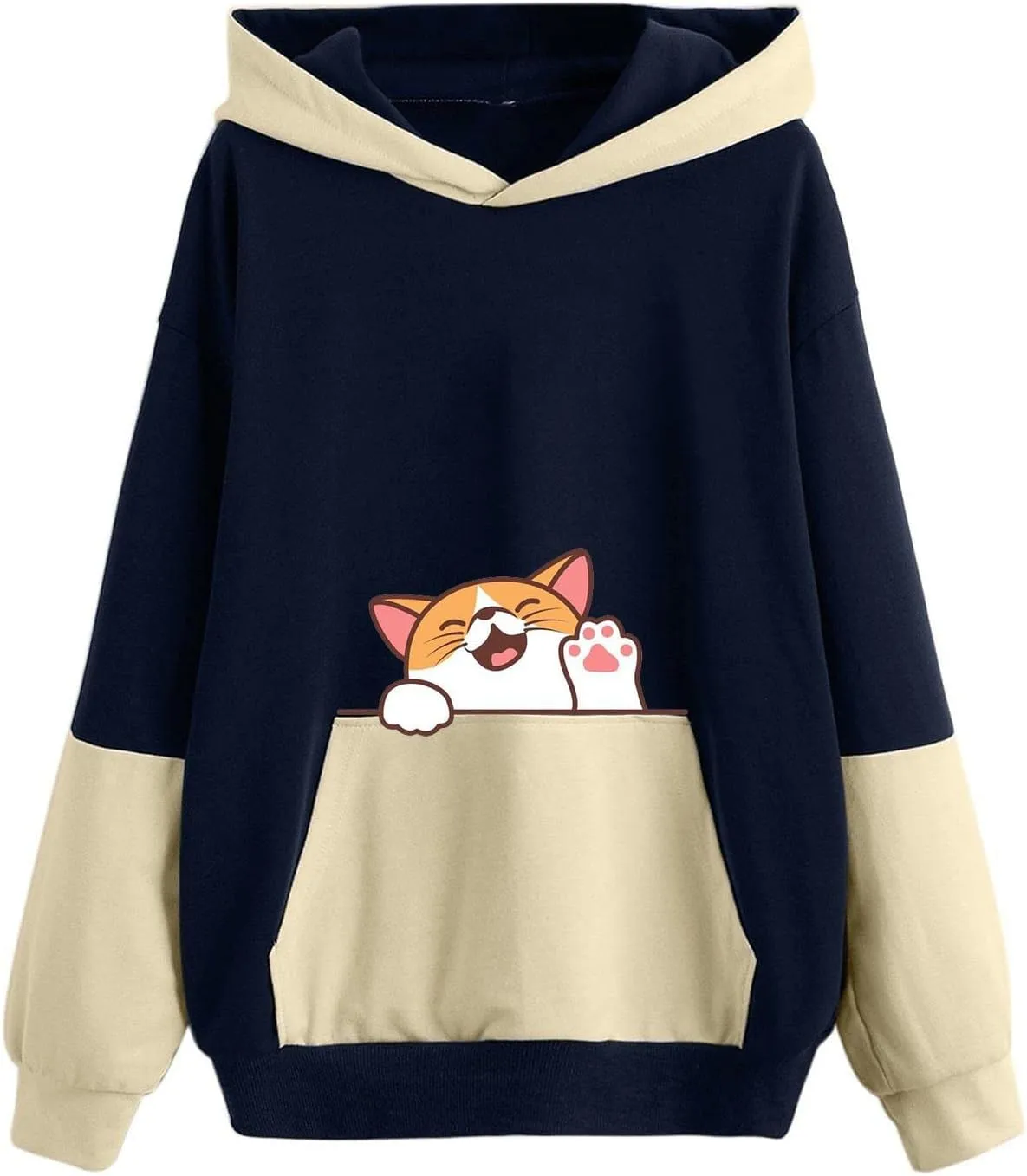 Sweatshirts for Women Trendy,Teen Girl Cute Cat Print Sweatshirt Long Sleeve Hoodies Color Block Hooded Fall Clothes