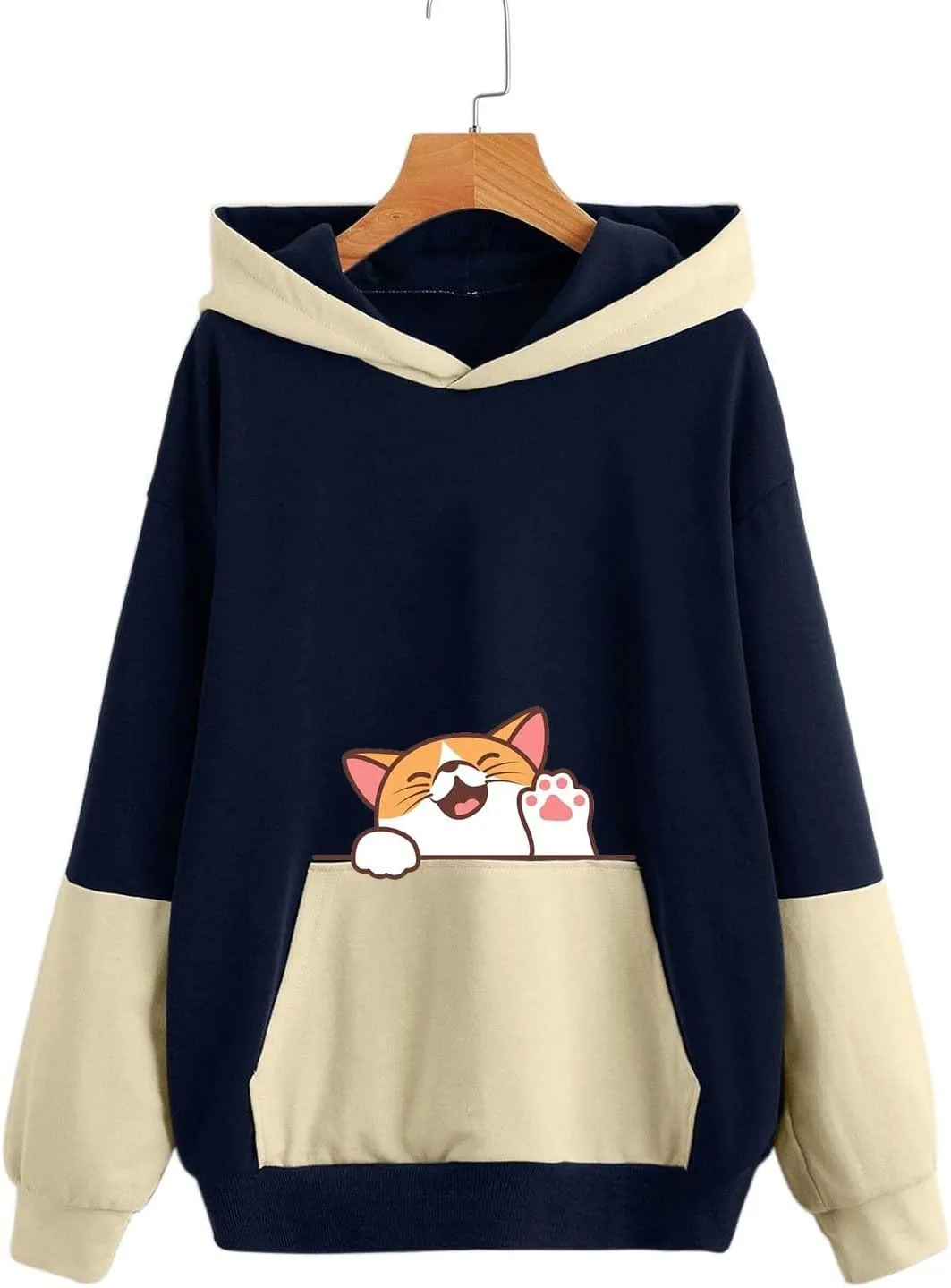 Sweatshirts for Women Trendy,Teen Girl Cute Cat Print Sweatshirt Long Sleeve Hoodies Color Block Hooded Fall Clothes
