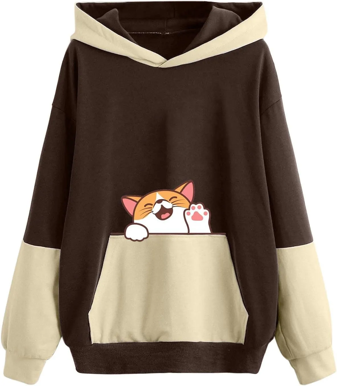 Sweatshirts for Women Trendy,Teen Girl Cute Cat Print Sweatshirt Long Sleeve Hoodies Color Block Hooded Fall Clothes