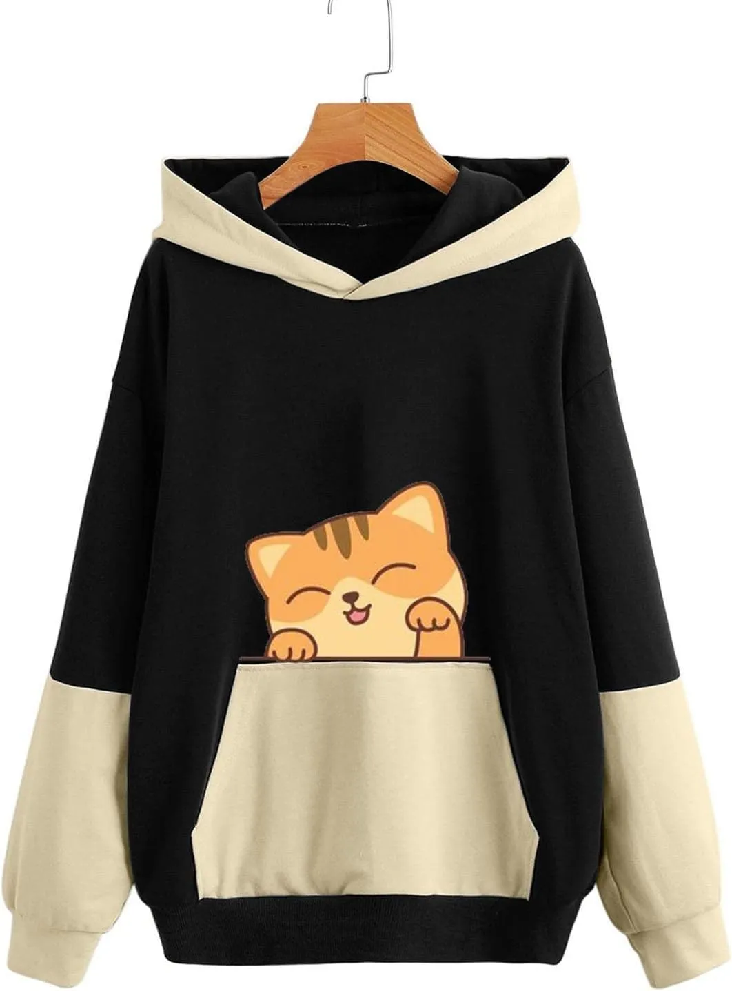 Sweatshirts for Women Trendy,Teen Girl Cute Cat Print Sweatshirt Long Sleeve Hoodies Color Block Hooded Fall Clothes