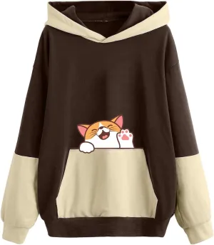Sweatshirts for Women Trendy,Teen Girl Cute Cat Print Sweatshirt Long Sleeve Hoodies Color Block Hooded Fall Clothes