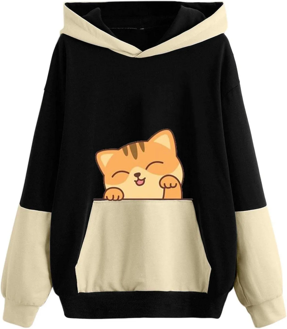 Sweatshirts for Women Trendy,Teen Girl Cute Cat Print Sweatshirt Long Sleeve Hoodies Color Block Hooded Fall Clothes