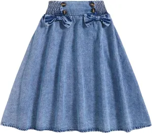 SweatyRocks Girl's Bow Denim Skirts Button Front Elastic High Waist Pleated A Line Jean Skirts