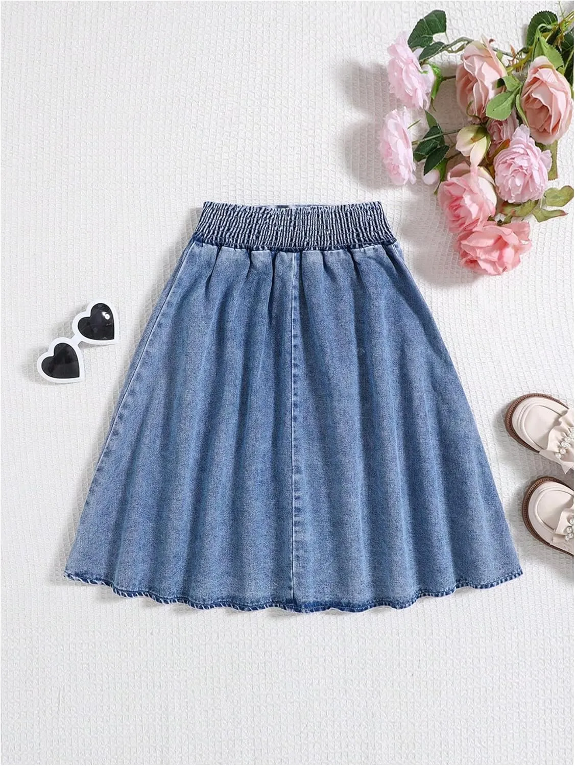 SweatyRocks Girl's Bow Denim Skirts Button Front Elastic High Waist Pleated A Line Jean Skirts