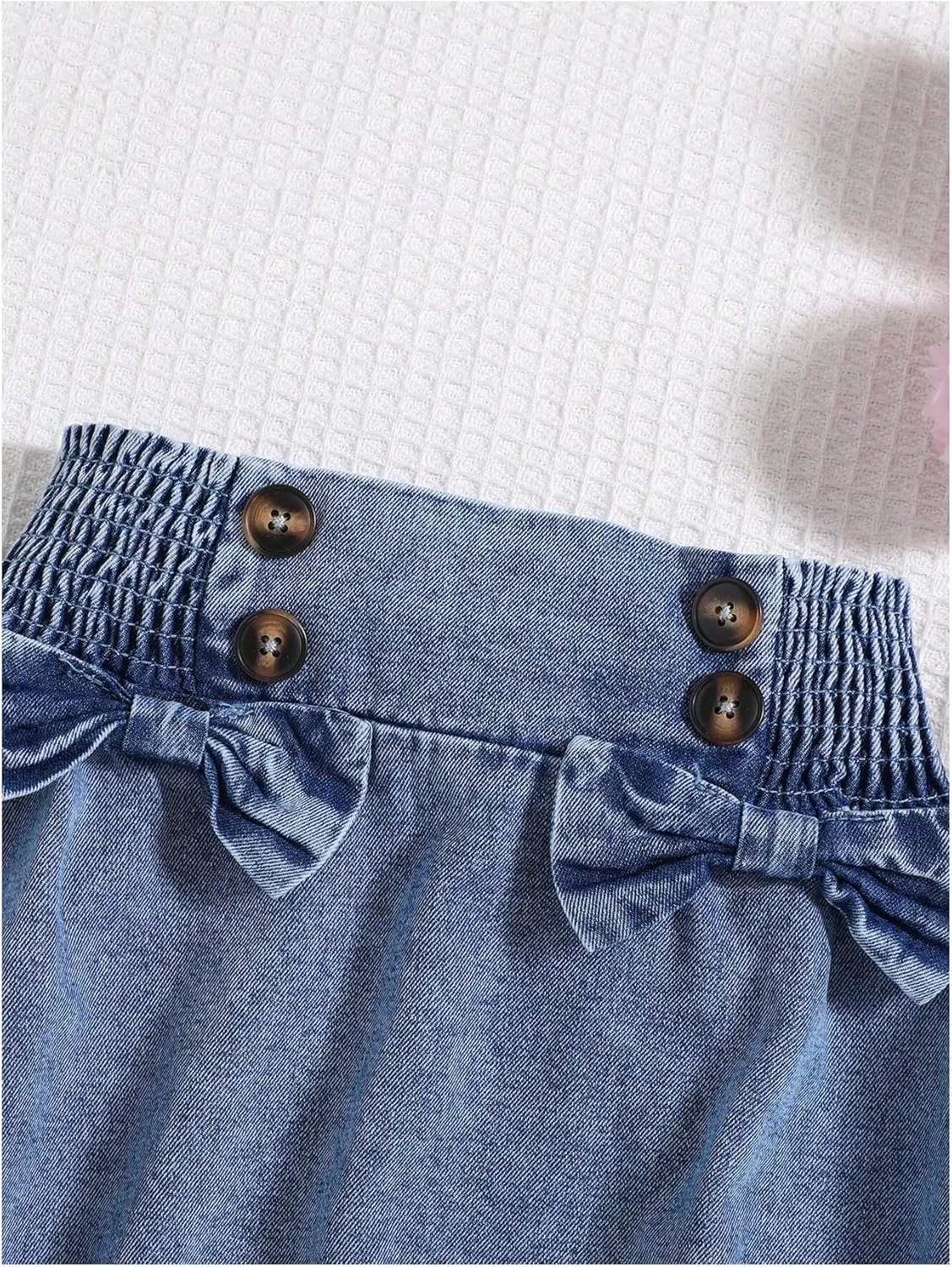 SweatyRocks Girl's Bow Denim Skirts Button Front Elastic High Waist Pleated A Line Jean Skirts