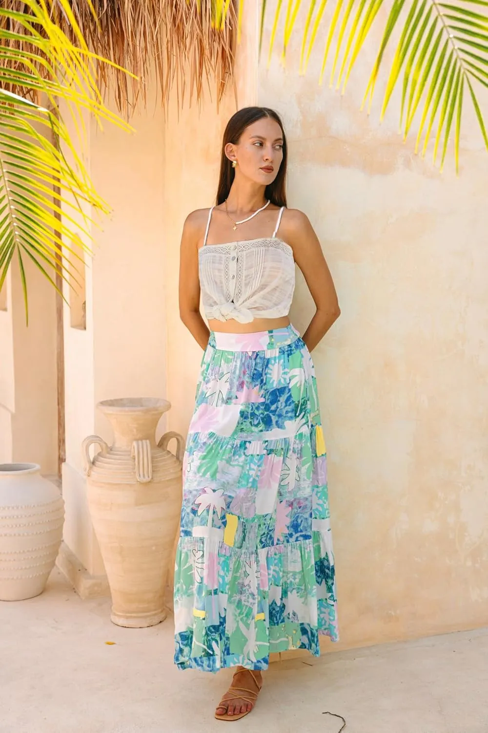 THLAI Women Beach Midi Skirt Boho Floral Print Pleated Vacation Long Skirt