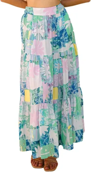 THLAI Women Beach Midi Skirt Boho Floral Print Pleated Vacation Long Skirt