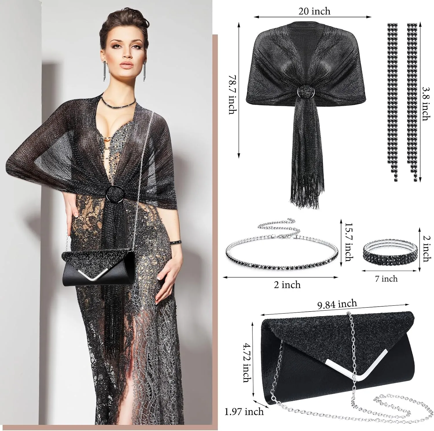 Tiamon 5 Pcs Rhinestone Jewelry Sets Shawls and Wraps Formal Clutch Purses for Women Evening Dresses Weddings