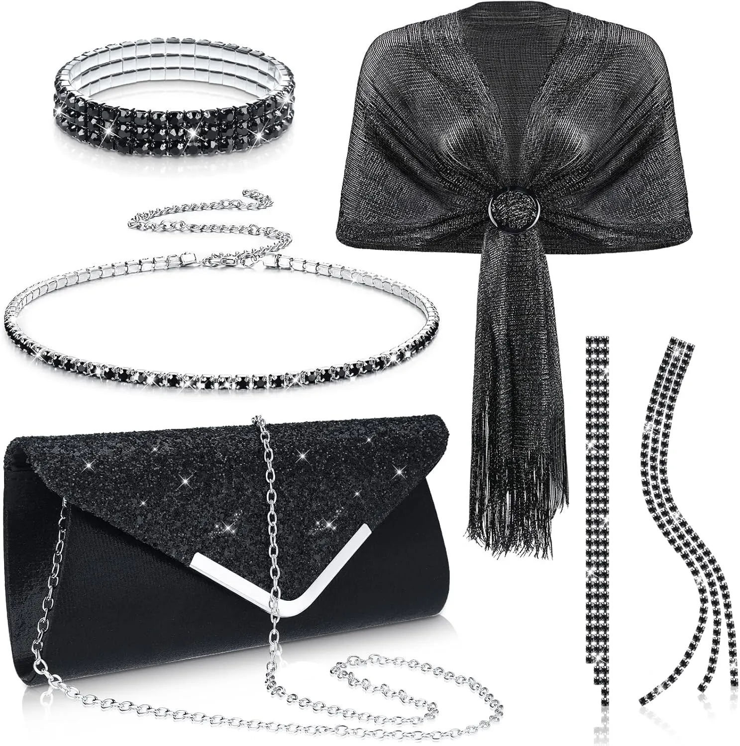 Tiamon 5 Pcs Rhinestone Jewelry Sets Shawls and Wraps Formal Clutch Purses for Women Evening Dresses Weddings