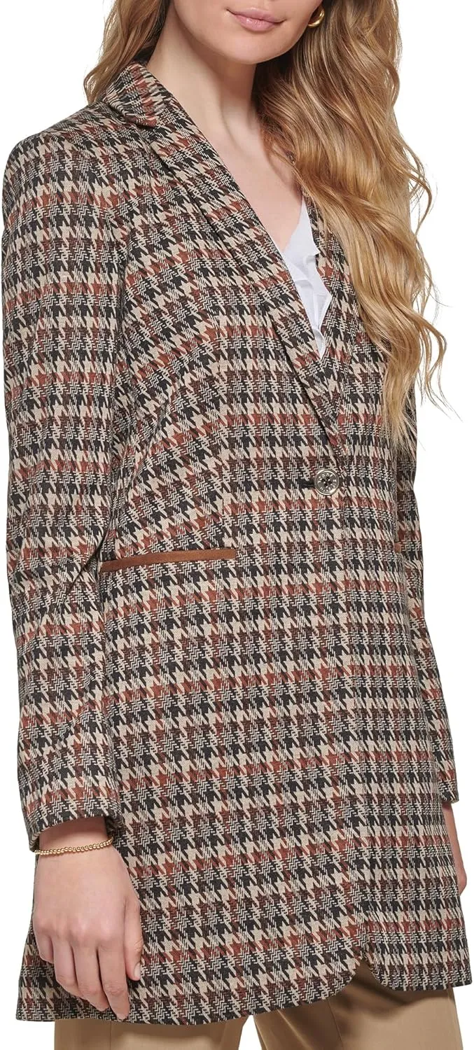Tommy Hilfiger Women's Long Plaid Fitted Single Button Blazer