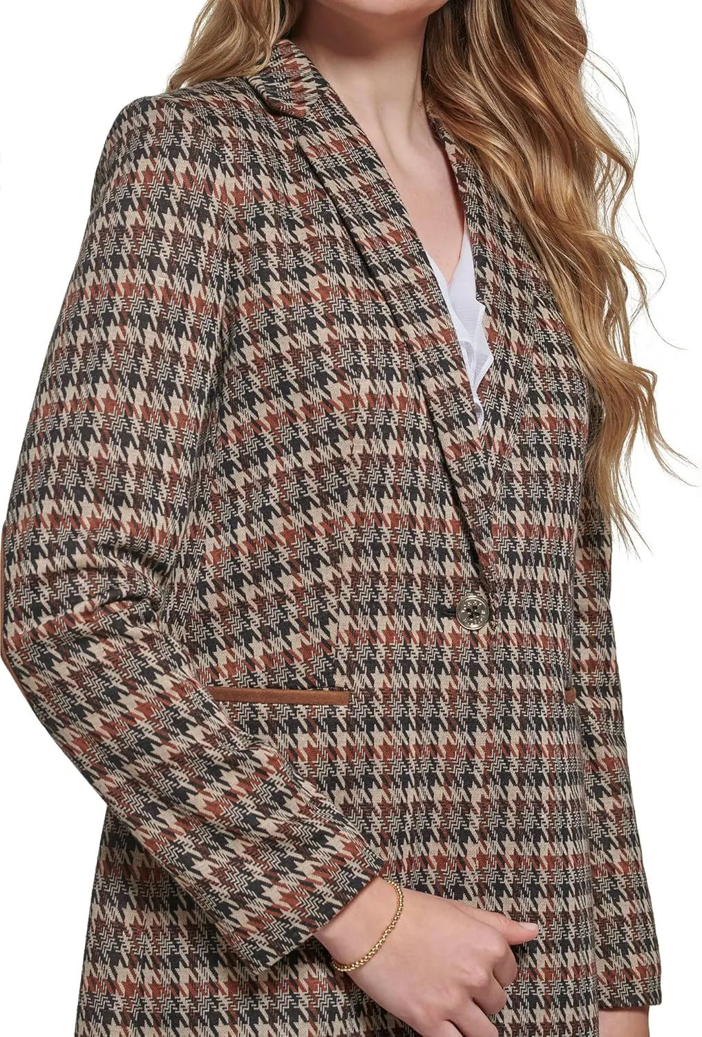 Tommy Hilfiger Women's Long Plaid Fitted Single Button Blazer