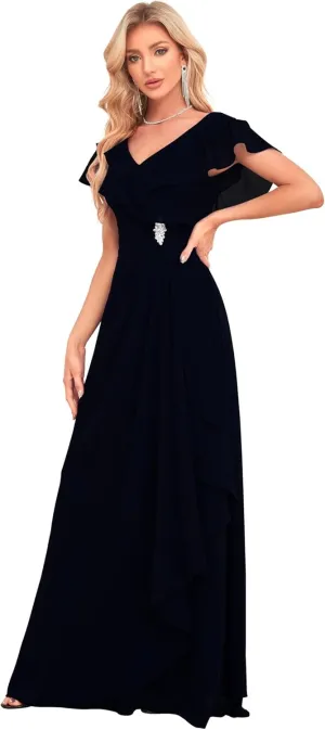 V Neck Chiffon Bridesmaid Dress Long Flutter Sleeves Formal Dress Beaded Mother of The Bride Dress with Pockets UU25