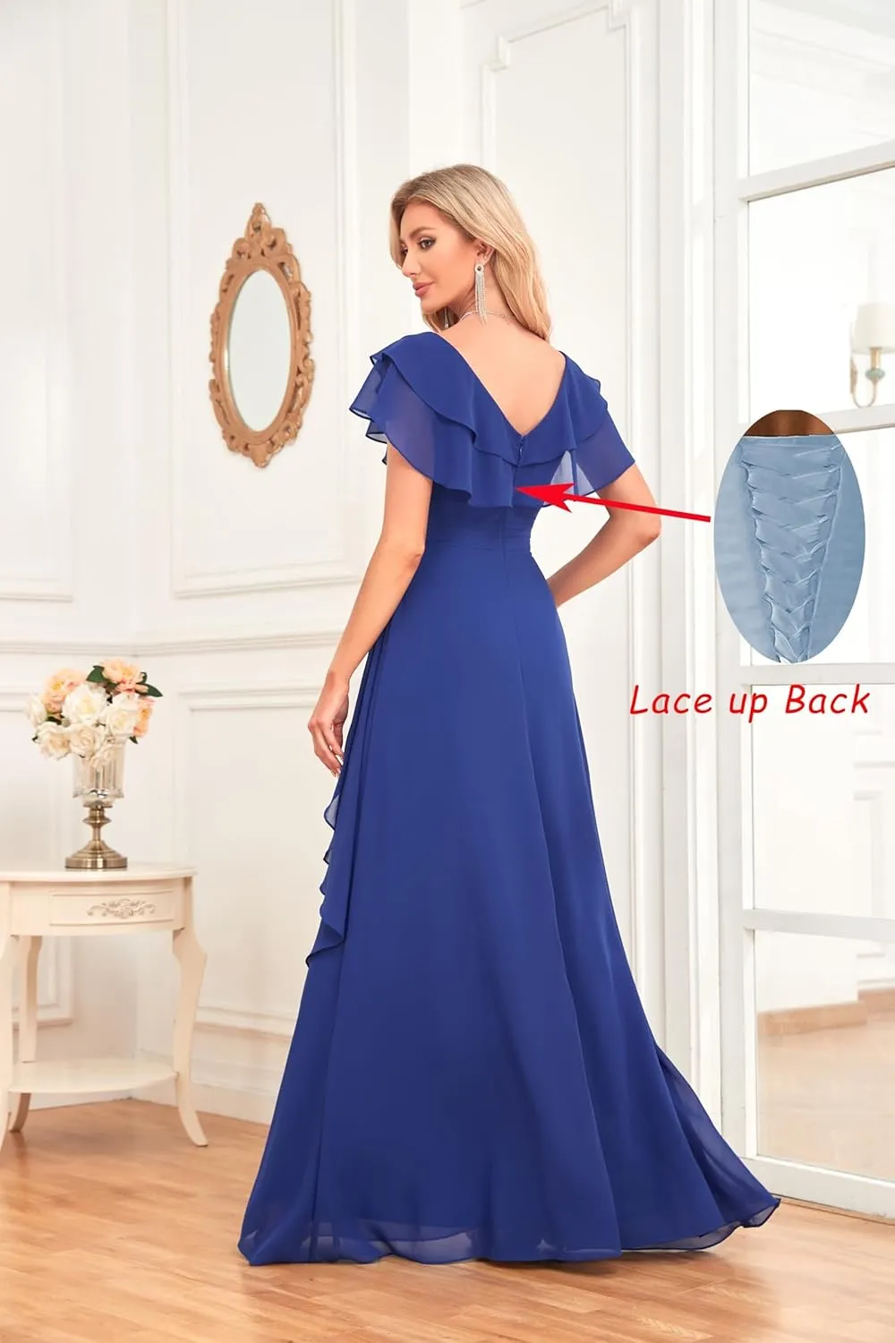 V Neck Chiffon Bridesmaid Dress Long Flutter Sleeves Formal Dress Beaded Mother of The Bride Dress with Pockets UU25