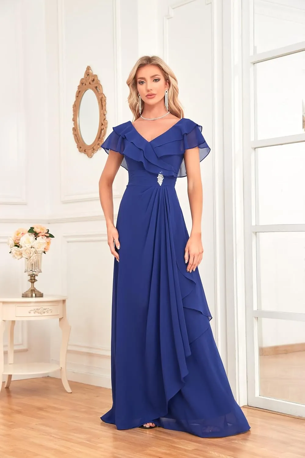 V Neck Chiffon Bridesmaid Dress Long Flutter Sleeves Formal Dress Beaded Mother of The Bride Dress with Pockets UU25