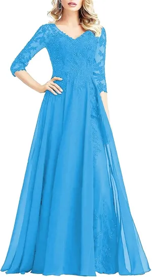 V Neck Mother of The Bride Dress Sequin Laces Mother of The Groom Dress 3/4 Sleeve Nannie's Formal Dress ZD66