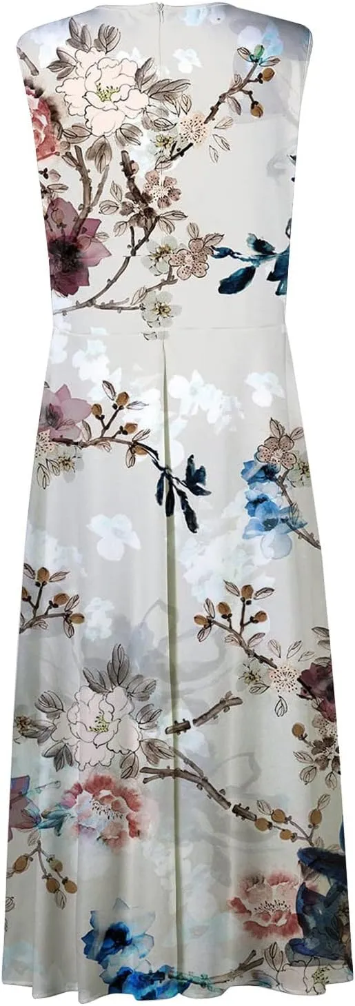 Vacation Dresses for Women Deep V Neck Floral Cute Long Dress Swing Casual Maxi Dresses Sleeveless Sexy Elegant Dress