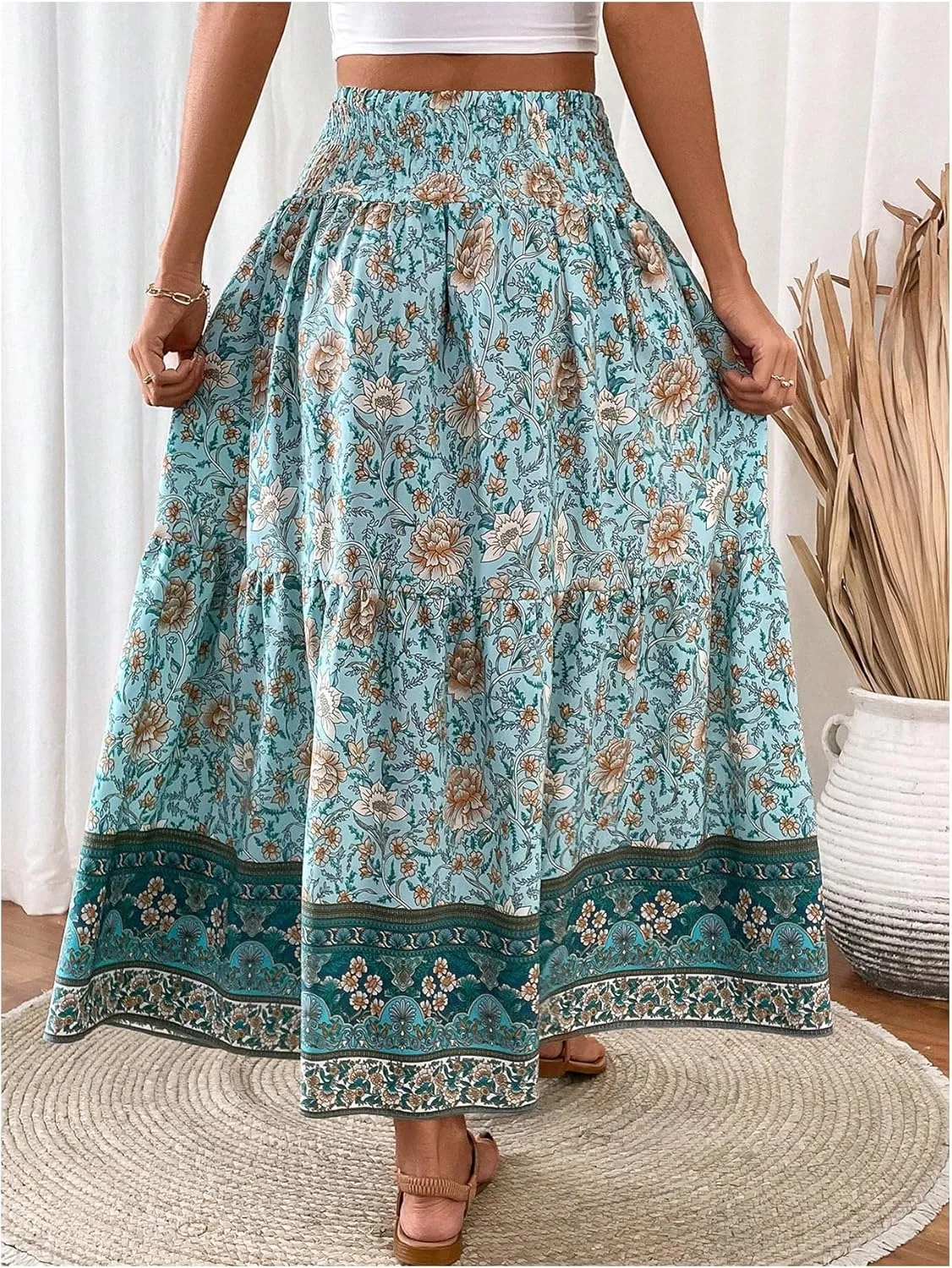 Verdusa Women's Floral High Waisted Ruffle Long Skirt Boho Drawstring Tiered Flowy Maxi Skirts