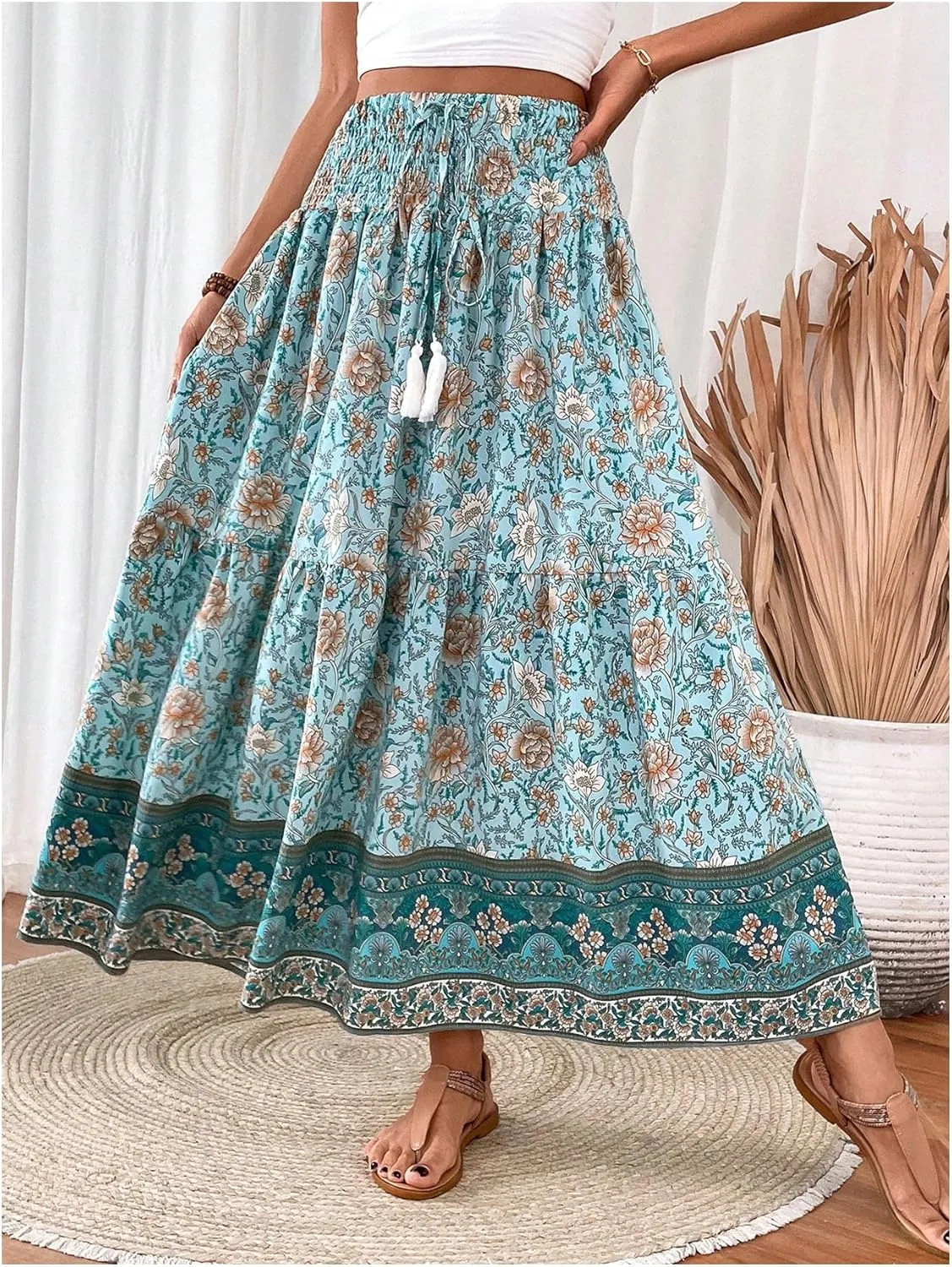 Verdusa Women's Floral High Waisted Ruffle Long Skirt Boho Drawstring Tiered Flowy Maxi Skirts