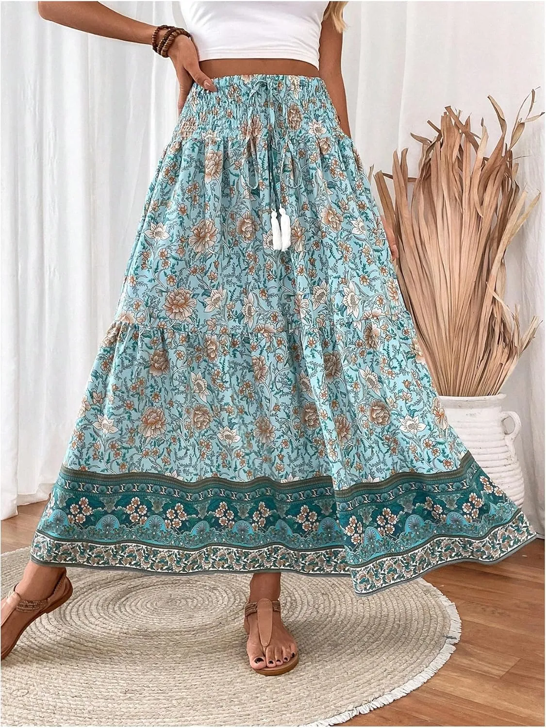 Verdusa Women's Floral High Waisted Ruffle Long Skirt Boho Drawstring Tiered Flowy Maxi Skirts