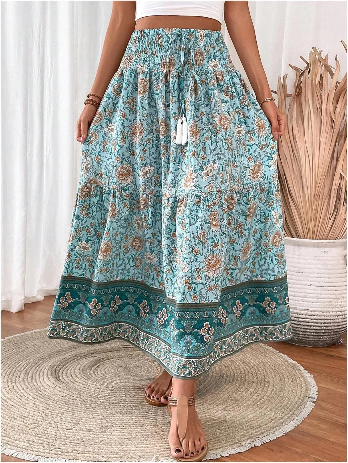 Verdusa Women's Floral High Waisted Ruffle Long Skirt Boho Drawstring Tiered Flowy Maxi Skirts