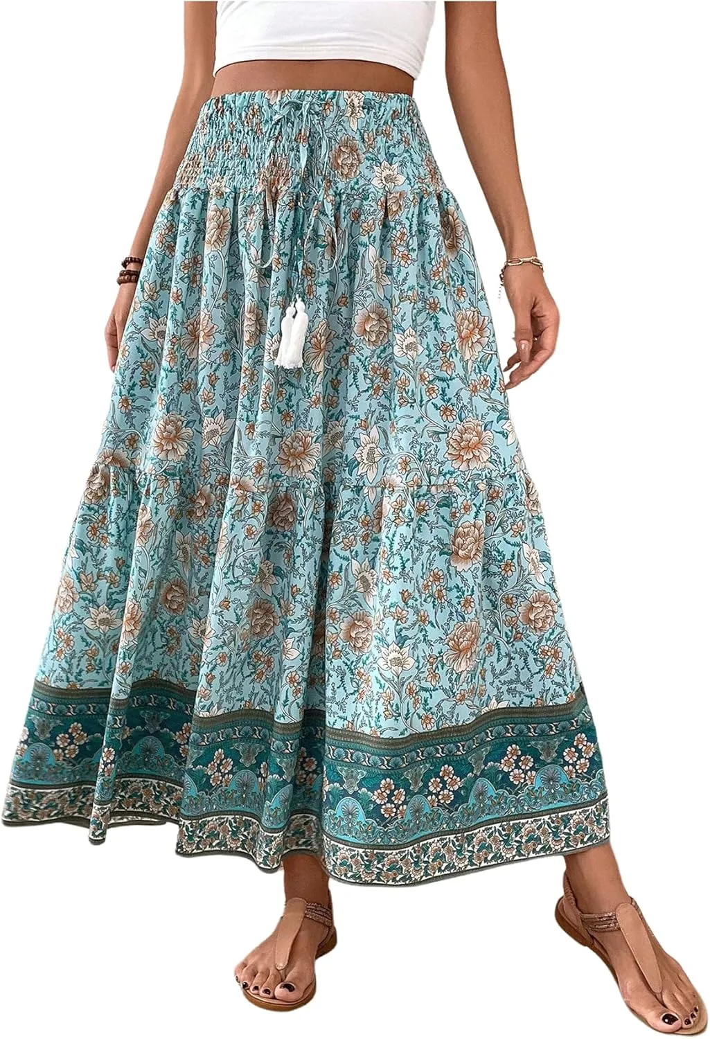 Verdusa Women's Floral High Waisted Ruffle Long Skirt Boho Drawstring Tiered Flowy Maxi Skirts