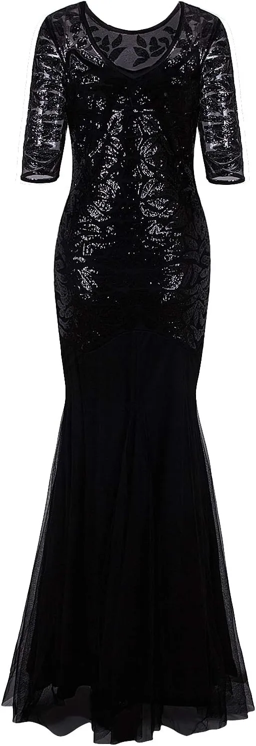 Vijiv 1920s Long Prom Dresses Sequins Beaded Art Deco Evening Party V Neck Back
