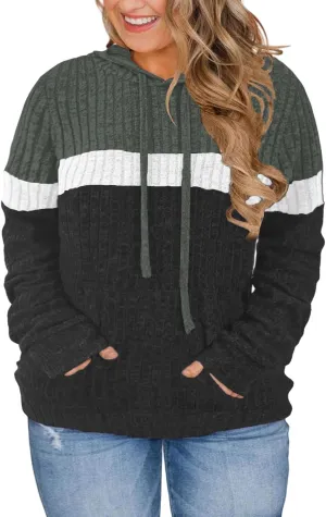 VISLILY Plus-Size-Hoodies for Women Casual Color Block Sweaters Long Sleeve Pullover Sweatshirts Cute Loose Tops with Pocket