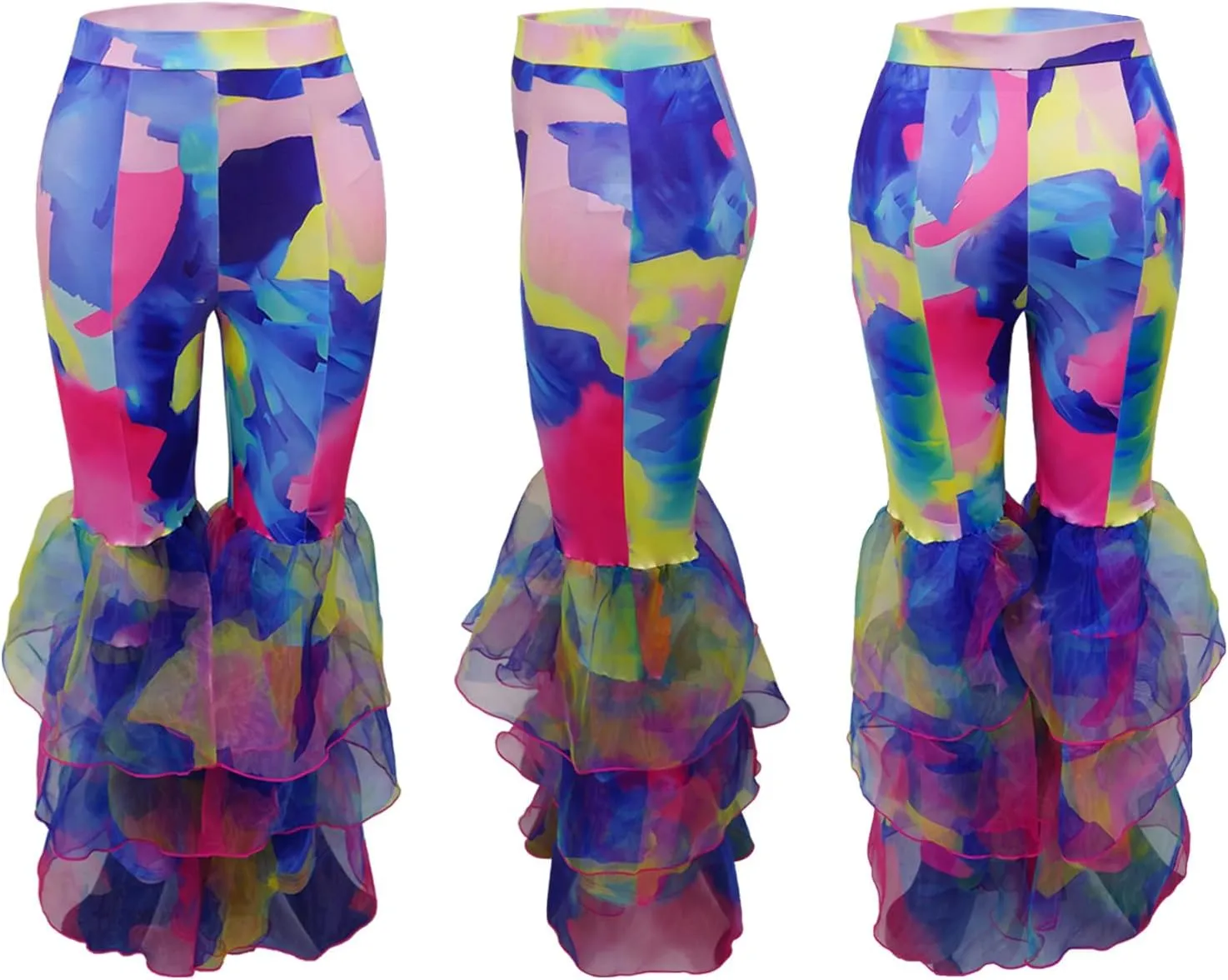 Voghtic Women's Ruffle Printed Bell-Bottom Elastic High Waist Skinny Patchwork Trousers Leggings Long Flare Pants