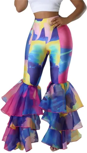 Voghtic Women's Ruffle Printed Bell-Bottom Elastic High Waist Skinny Patchwork Trousers Leggings Long Flare Pants