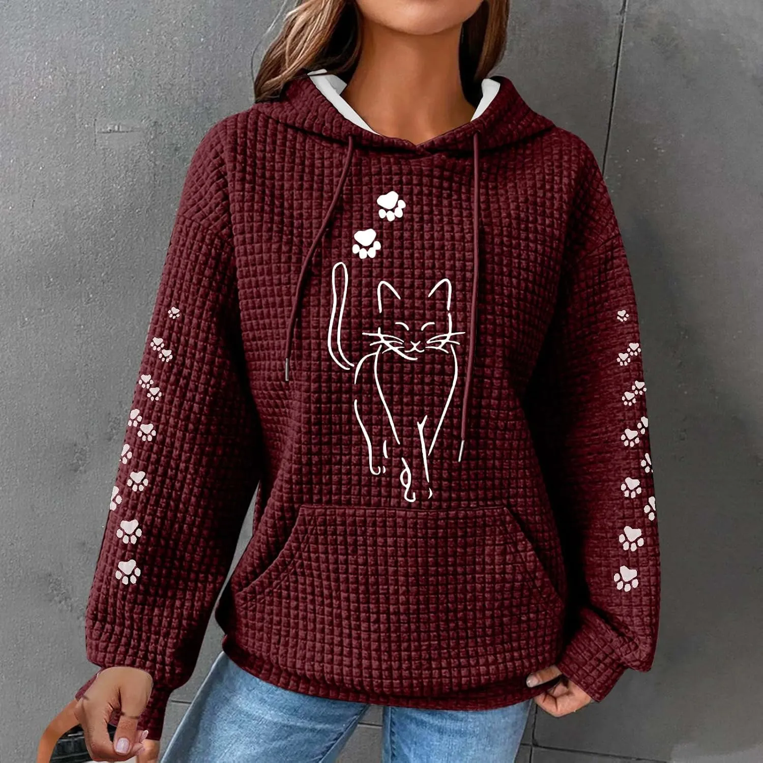 Waffle Knit Hoodies for Women Cute Cat Print Long Sleeve Drawstring Sweatshirt Trendy Loose Fall Pullover Tops with Pocket