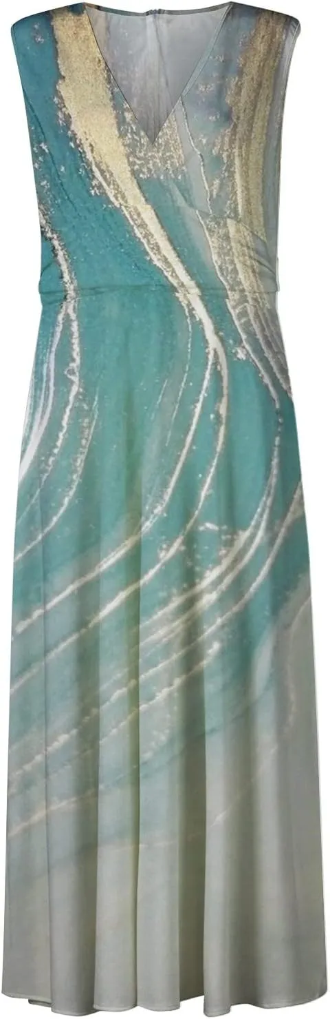 Waist Dress for Women Simple Floral Maxi Dress Flowy Casual V Neck Sleeveless Wedding Guest Holiday Long Dress