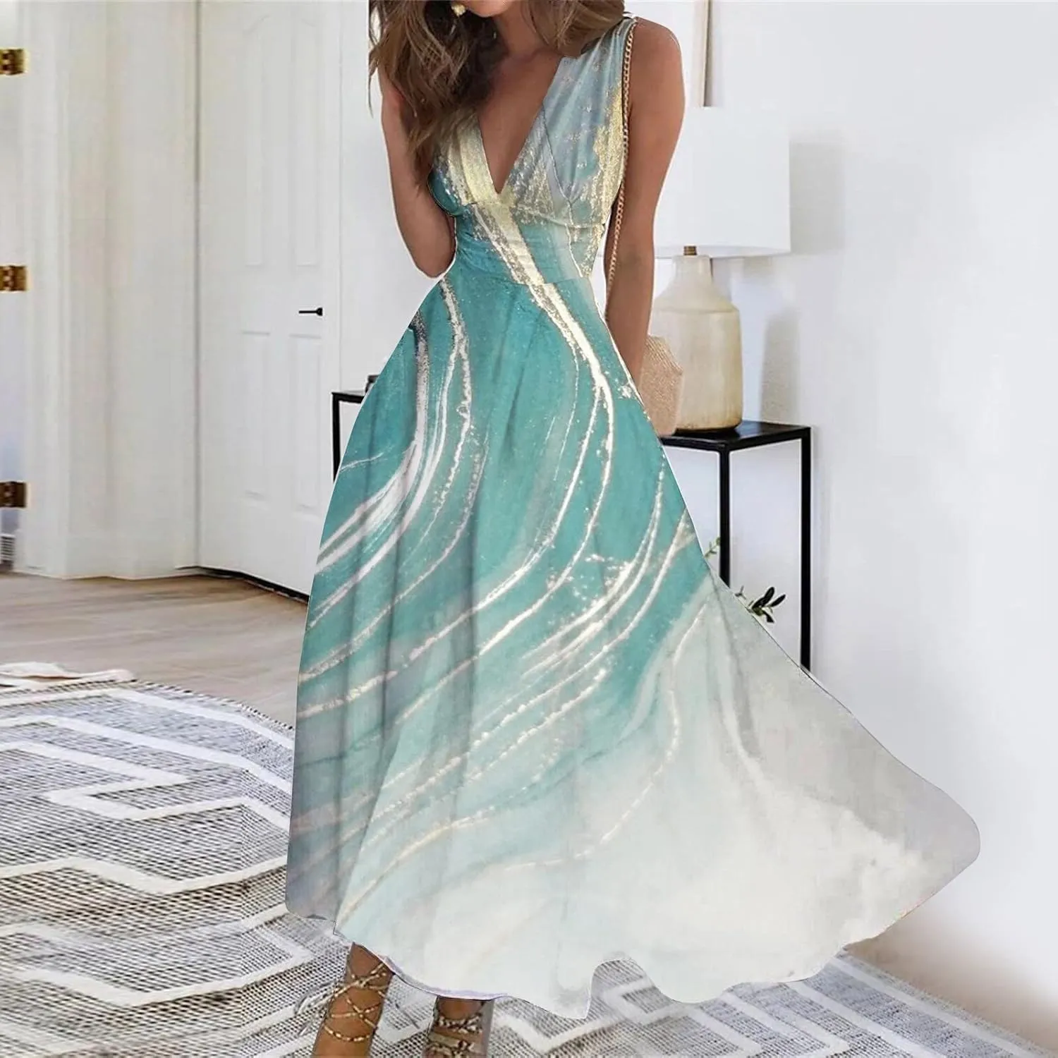Waist Dress for Women Simple Floral Maxi Dress Flowy Casual V Neck Sleeveless Wedding Guest Holiday Long Dress
