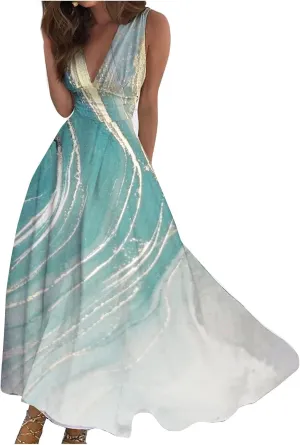 Waist Dress for Women Simple Floral Maxi Dress Flowy Casual V Neck Sleeveless Wedding Guest Holiday Long Dress