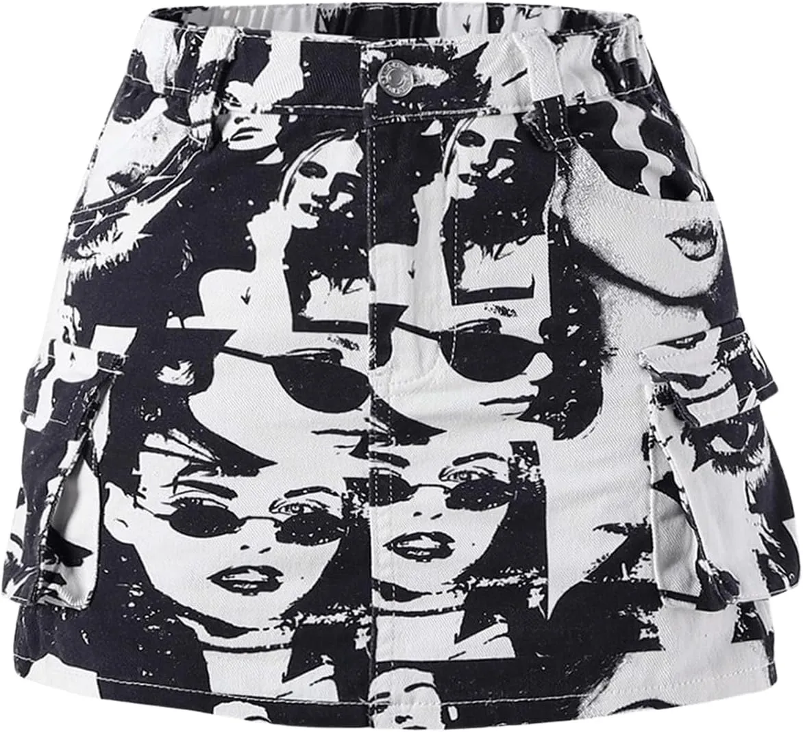 WDIRARA Girl's Cargo Denim Mini Skirt High Elastic Waisted Jean A Line Bodycon Casual Skirts with Pockets