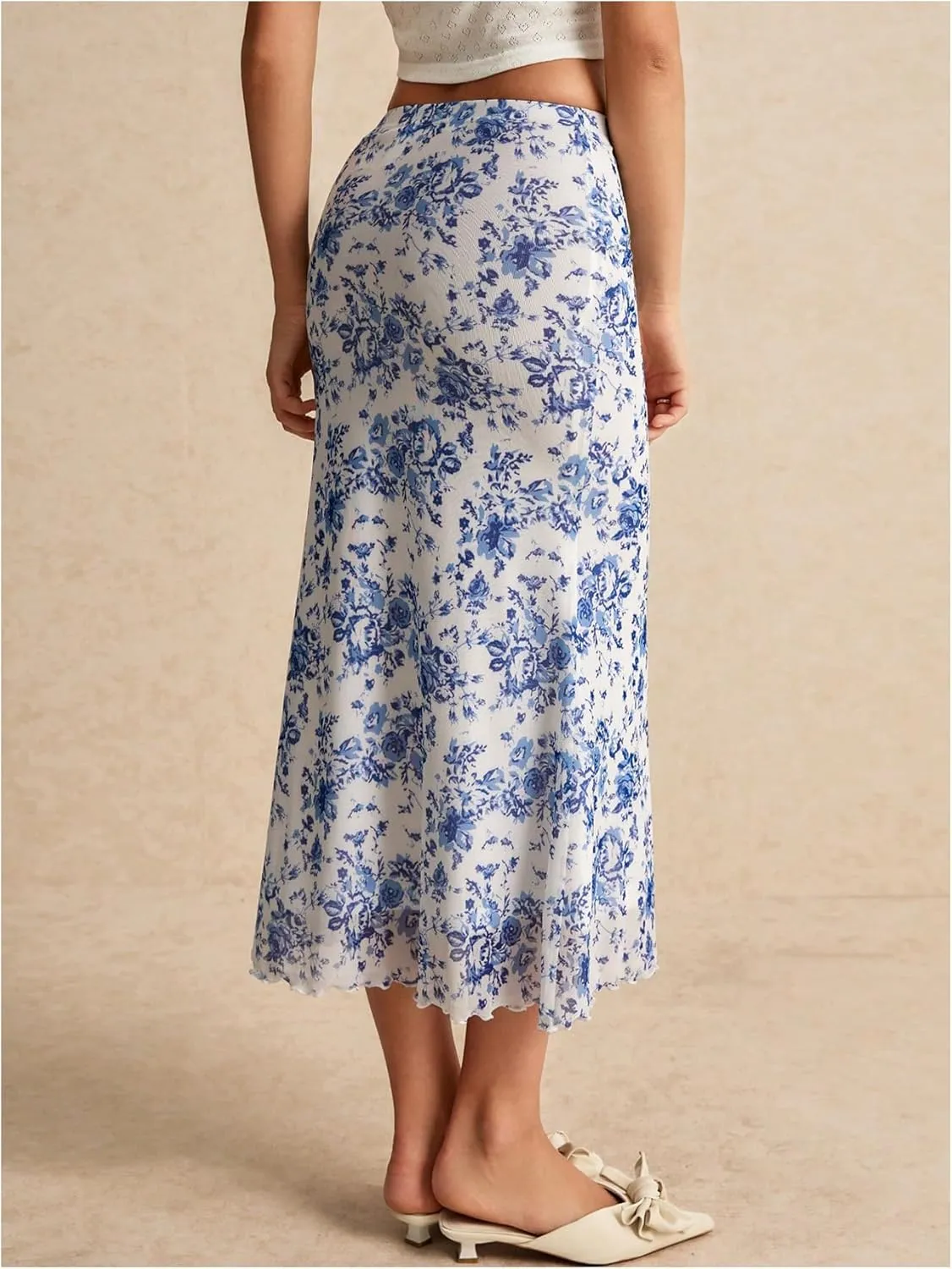 WDIRARA Women's Floral Print Fishtail Hem Skirt Contrast Mesh Lettuce Trim Long Skirts Summer Elegant Midi Skirt