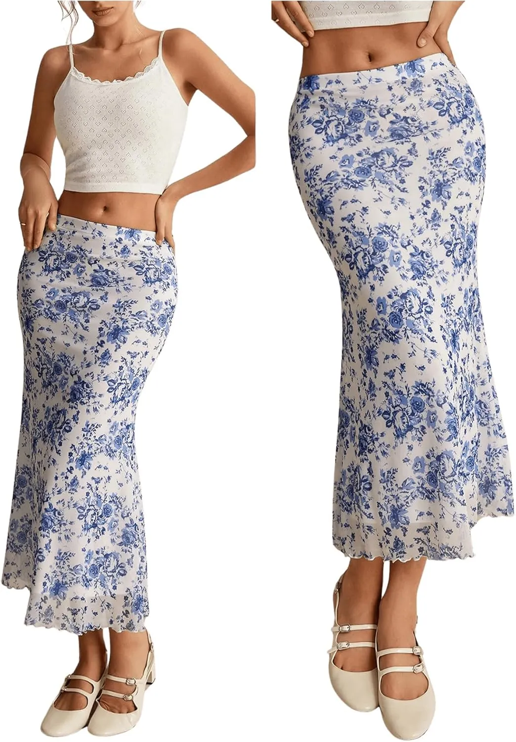 WDIRARA Women's Floral Print Fishtail Hem Skirt Contrast Mesh Lettuce Trim Long Skirts Summer Elegant Midi Skirt