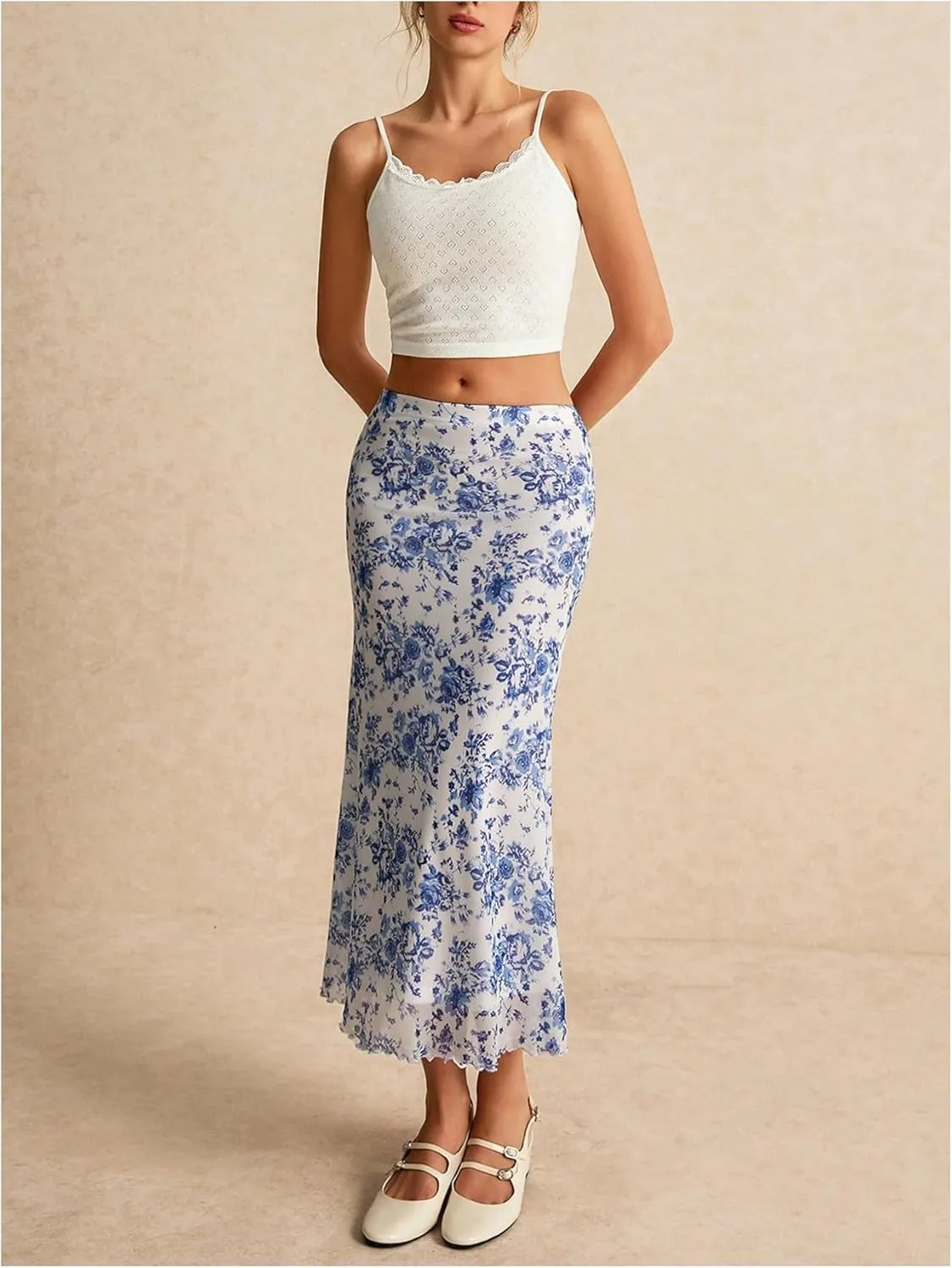 WDIRARA Women's Floral Print Fishtail Hem Skirt Contrast Mesh Lettuce Trim Long Skirts Summer Elegant Midi Skirt