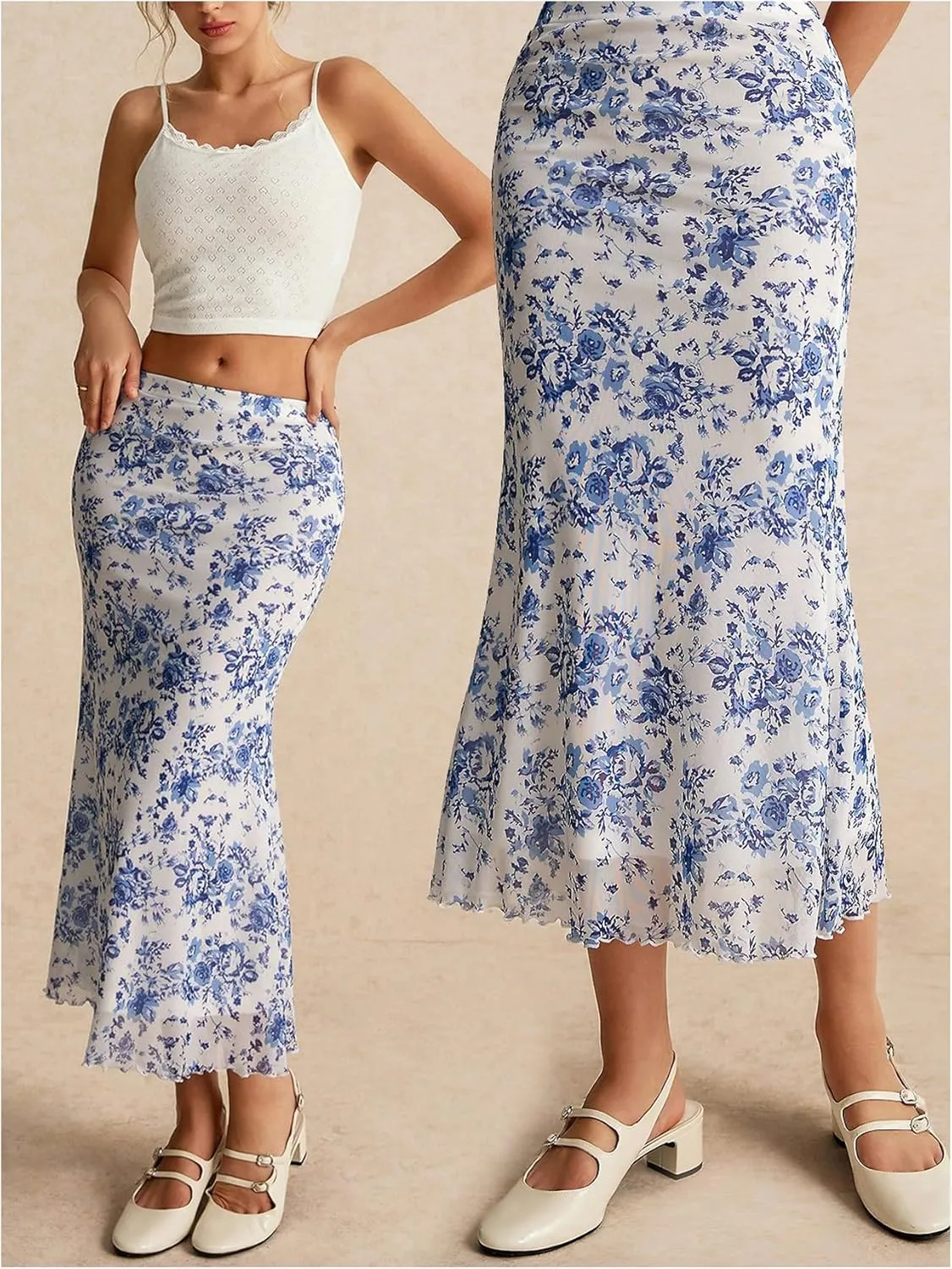 WDIRARA Women's Floral Print Fishtail Hem Skirt Contrast Mesh Lettuce Trim Long Skirts Summer Elegant Midi Skirt