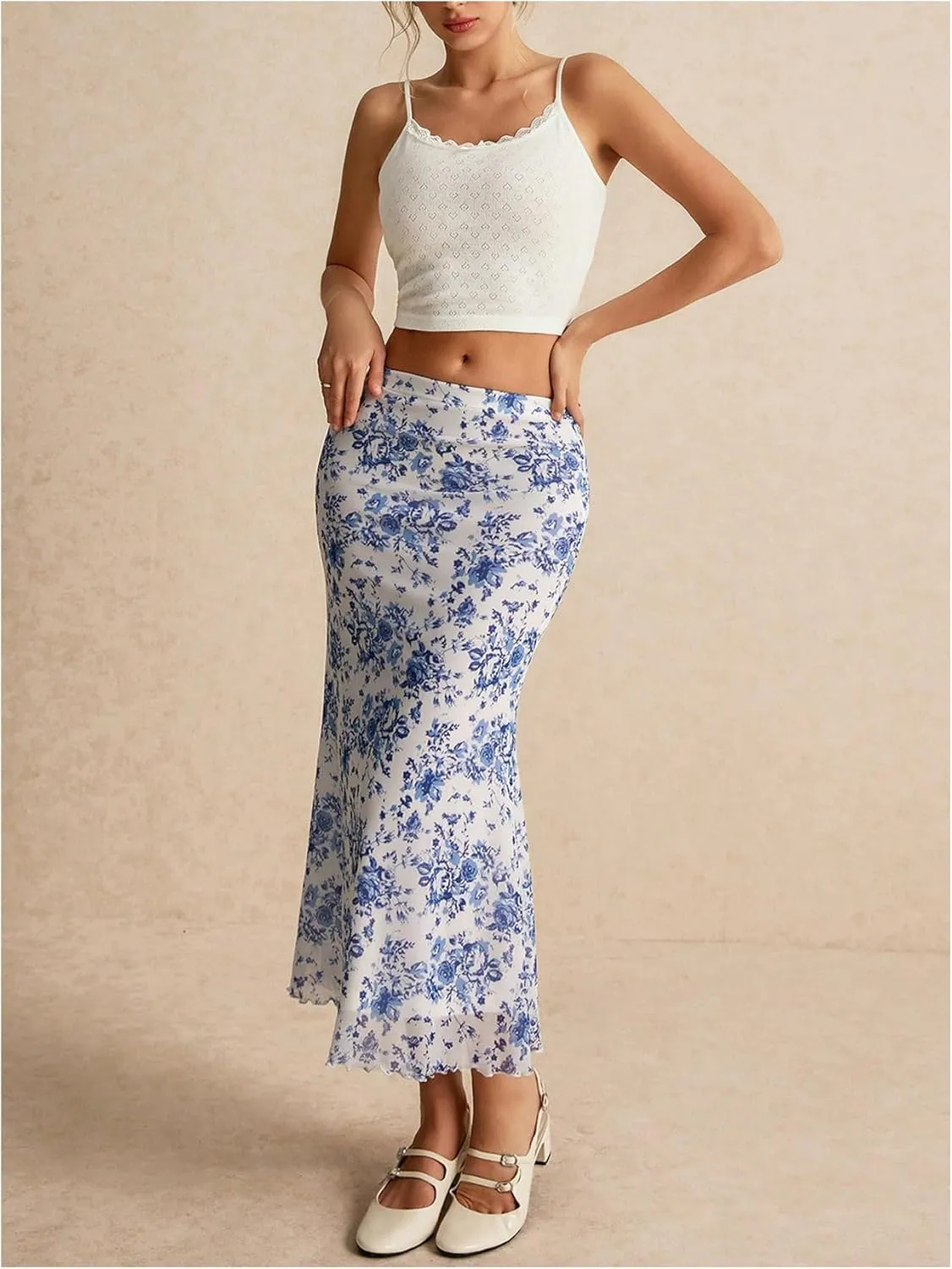 WDIRARA Women's Floral Print Fishtail Hem Skirt Contrast Mesh Lettuce Trim Long Skirts Summer Elegant Midi Skirt