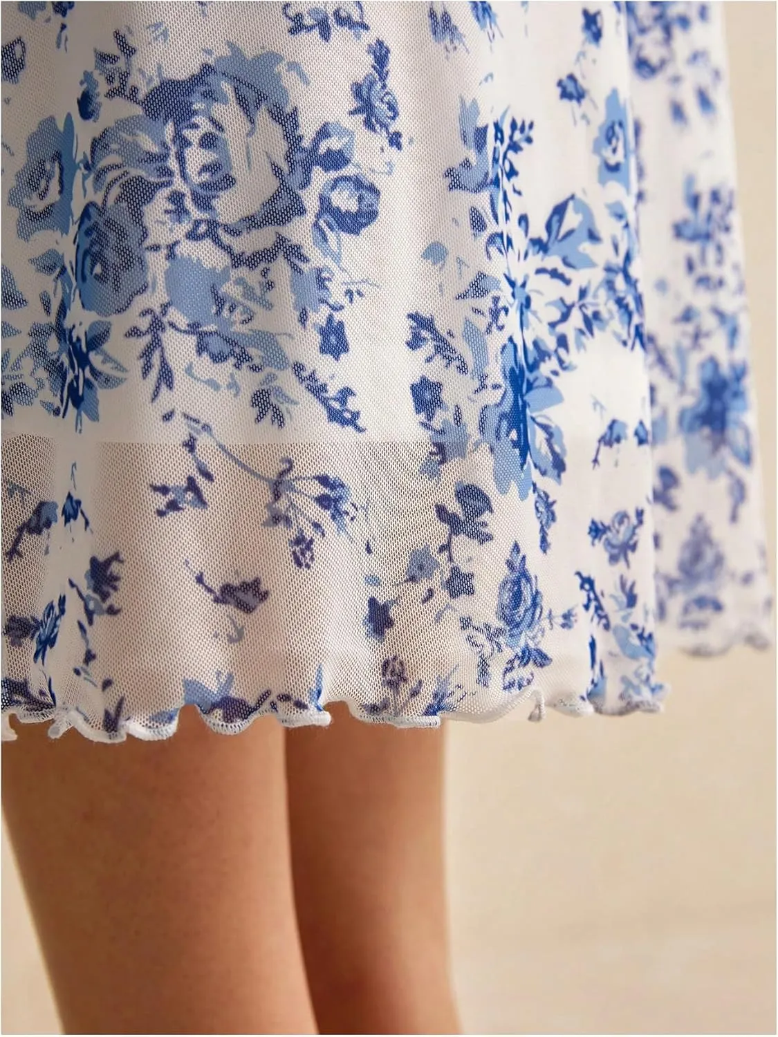 WDIRARA Women's Floral Print Fishtail Hem Skirt Contrast Mesh Lettuce Trim Long Skirts Summer Elegant Midi Skirt
